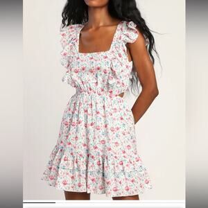 Lulu’s Just Kiss Me White Floral Print Swiss Dot Ruffle Mini Summer Dress